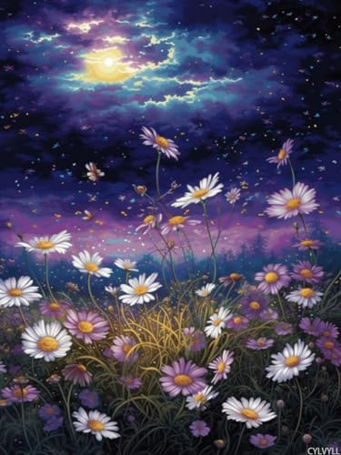 CYLVYLL Flowers and Starry Sky 11ct Counted Cross Stitch Kits Color Printed Stamped Cross Stitch Supplies Needlework Printed Embroidery Kits DIY Kits Needlepoint Starter Kits, 12x16 inch