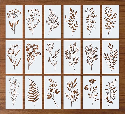 Floral Stencil Set of 18, 4x7 Inch Reusable Mylar Stencils for Painting, Botanical Leaf & Flower Stencils for Walls, Fabric, Wood, Canvas, Furniture, DIY Crafts & Home Decor, White