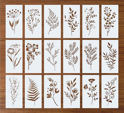 Floral Stencil Set of 18, 4x7 Inch Reusable Mylar Stencils for Painting, Botanical Leaf & Flower Stencils for Walls, Fabric, Wood, Canvas, Furniture, DIY Crafts & Home Decor, White