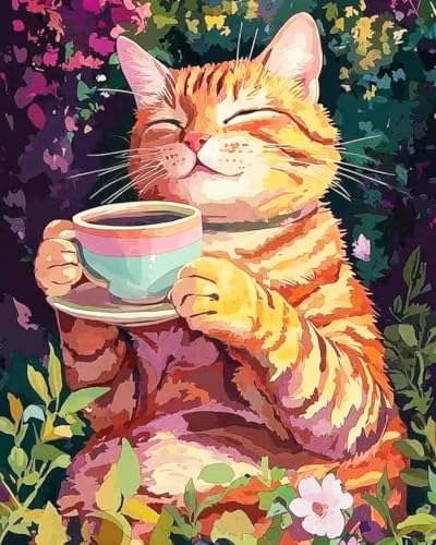 ZRIZQ Paint by Numbers Kit for Adults Beginner,Cat Coffee,16x20 | Full set with wooden brushes,rolled canvas,rich paints.Calming activity.Beginner friendly.Just open and paint. - color: 16"X20"Rolled Canvas(Frameless)-Cat 8