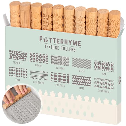 Clay Texture Rollers - 10 Wooden Pottery Stamp Rollers For Ceramics - color: Regular