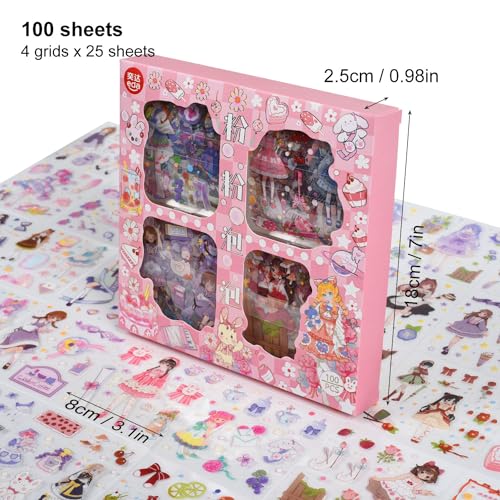 100 Sheets Kawaii Girls Stickers Kit for Journaling - Cute Sweet Cartoon PET Transparent Collage Scrapbooking Supplies Sticker Decal for Junk Journals Handbook Laptop Cards DIY Arts Crafts - color: Sweetheart Office