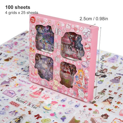 100 Sheets Kawaii Girls Stickers Kit for Journaling - Cute Sweet Cartoon PET Transparent Collage Scrapbooking Supplies Sticker Decal for Junk Journals Handbook Laptop Cards DIY Arts Crafts - color: Sweetheart Office