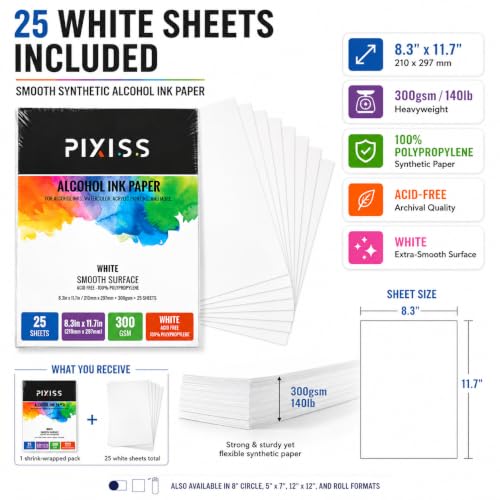 White Alcohol Ink Paper - 25 Sheets Pixiss Heavy Weight Art Paper for Alcohol Ink & Watercolor - Extra Smooth Synthetic Paper A4 8x12 inches, 300gsm - size: 1 Pack | 25 Sheets