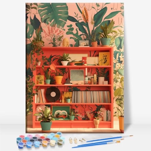 Aeontinity Disco Library and Record Player Space Framed Canvas DIY Paint by Numbers Kit Bar Cafe Cave Home Room Wall Bathroom Porch Patio Decor Gift, 16 x 12 Inch - color: DISCO LIBRARY AND RECORD PLAYER