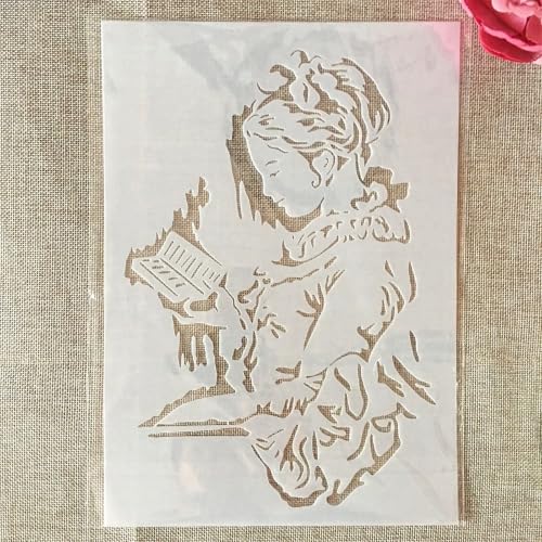 TIAMECH A4 Reusable Vintage Reading Girl Stencil for Painting | Studying Woman Book Layering Template, DIY Wall Art, Wood Furniture, Scrapbook & Crafts (8.3x11.7inch) - style: Vintage Reading Girl