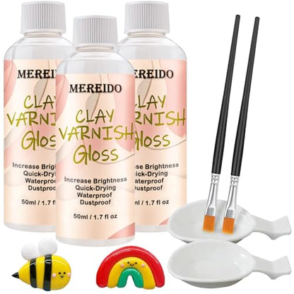 3 Pack Air Dry Clay Glaze Kit with 2 Brushes and Dishes, Acrylic Varnish, Waterproof Acrylic Sealant for Clay, Ceramic, Plaster, Wood, Provides a Long-Lasting, Glossy Finish