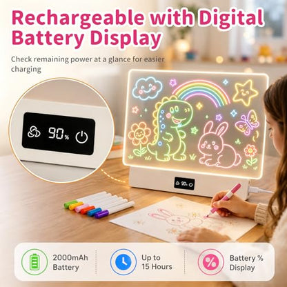 OUTON Rechargeable LED Drawing Board for Kids, 16" Glow Doodle LED Note Board with 8 Colors, 3 Light Effects, Reusable Neon Light Up Drawing Tablet Gift for Girls and Boys with Battery Display, White - color: White
