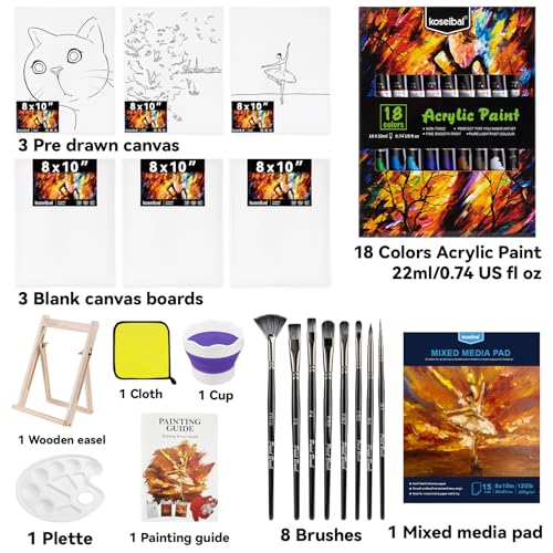 koseibal Kids Acrylic Paint Set with Canvas, Art Supplies Kits for Adults | Art Painting Supplies Kit for Beginners & Adults 18 Vibrant 22ml Acrylic Paint, 6 Canvas Boards, Desktop Easel - color: 18x22ml+Easel-S