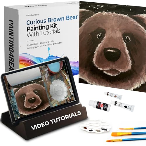 DIY Painting Class Kits for Adults with Video Tutorials, Learn to Paint Curious Brown Bear, How to Paint with Acrylic Paint Sets for Adult, 9 Peices Art & Painting Supplies Gifts for Mom - color: Curious Brown Bear