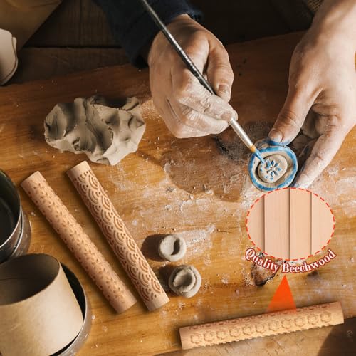Lzttyee Wooden Handle Pottery Tools Clay Modeling Pattern Rollers, Brown | Clay Texture Rollers Set of 10 - color: Set of 10