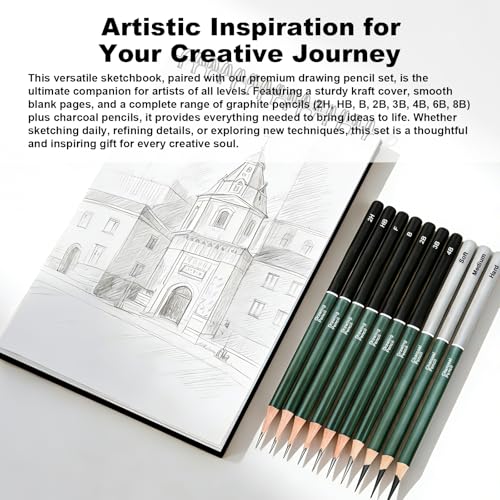 Sketchbook and Pencil Set - Spiral Bound Hardcover with 60 Sheets & 12 Charcoal Pencils (Hard/Medium/Soft) for Professional Artists and Beginners - color: Black