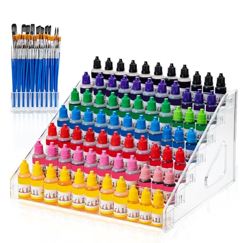 Acrylic Paint Organizer with Paint Brush Holder, Nail Polish Organizer, 7 Tiers Miniature Storage Bottle Rack for 2oz Tube, Alcohol Inks, Food Coloring, Essential Oil Storage Shelf