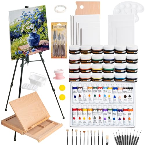96PCS Acrylic Paint Kits for Adults, 24 Colors Textured& Acrylic Paints | 3D DIY Textured Paints, Acrylic Paints, Tabletop& Adjustable Aluminum Easel, Brushes, Canvas, Complete Art Supplies Set - style: 96pcs