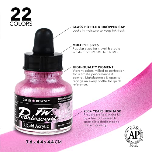 FW Acrylic Ink Pearlescent Colors Set, 6 Bottles, Premium Shimmer Liquid Ink, Lightfast Waterproof Formula for Calligraphy, Airbrush, Illustration, Art