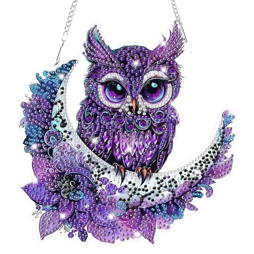 Bowetile Owl Diamond Art Hanging Kits for Adults, 5D Special Shape Diamond Painting Moon Pendant Kits, Gem Art Suncatchers Painting Window Ornament for Home Garden Wall Decor - color: Owl
