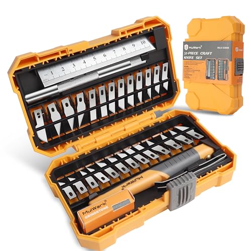 MulWark 32-Piece Precision Hobby Knife Set - Exacto Knife Set For Modeling - Craft Knife Handle Customized With Chiseling, Stencil Edge And Fine Point Blades With Sharpening Stone And Steel Ruler - style: 32 PCs of Precision Knife Set