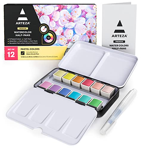 ARTEZA Watercolor Paint Set, 12 Pastel Colors, Half Pans in Travel Tin - color: Multicolor