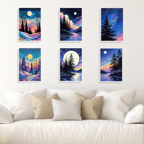 EggSun 6 Pack Framed Paint by Numbers Kit for Adults,Beginners with Wooden Easel,DIY Acrylic Oil Painting Paint by Numbers Kits on Canvas for Home Decor(Moon Mountain Lake Landscape,8x12Inch) - style: Moon Mountain Lake Landscape