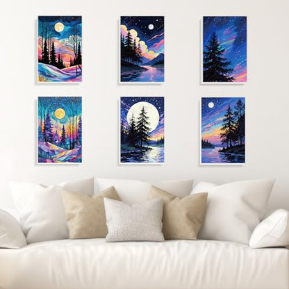 EggSun 6 Pack Framed Paint by Numbers Kit for Adults,Beginners with Wooden Easel,DIY Acrylic Oil Painting Paint by Numbers Kits on Canvas for Home Decor(Moon Mountain Lake Landscape,8x12Inch) - style: Moon Mountain Lake Landscape