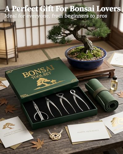 4-Piece Bonsai Tools Set with Tool Roll Bag and Luxury Gift Box | Bonsai Starter Kit, Include Concave Cutter, Knob Cutter, Trunk Splitter, Bonsai Scissors, Stainless Steel Bonsai Tree Kit