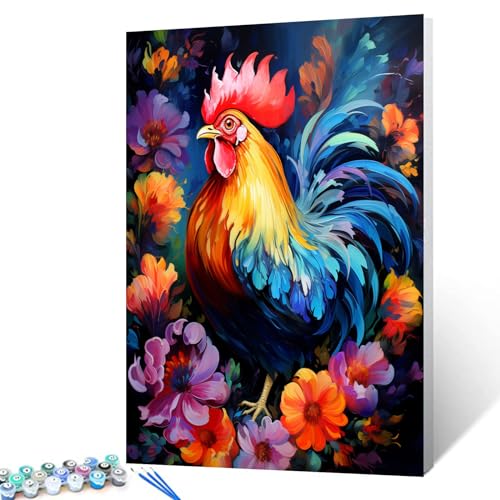 Tucocoo Chicken Paint by Number for Adults Beginner, DIY Oil Painting Kits on Canvas with Brushes and Acrylic Pigment, Abstract Flowers Cute Animal Picture for Home Decor 16x20 inches (Frameless) - color: Artwork-18, size: 16''x20''(Without Frame)