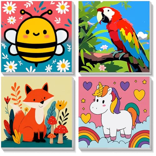 TOSTOG 4 Pack Paint by Number for Kids with Wooden Frame, Cute Animal Paint by Numbers for Kids Ages 8-12, Animal Acrylic Oil Painting Kits Easy Paint by Number for Home Wall Decor 8in X 8in - color: Bee