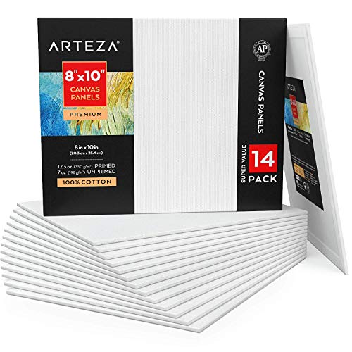 ARTEZA Canvases for Painting, Pack of 14, 8 x 10 Inches, Blank White Canvas Panels, 100% Cotton, 12.3 oz Gesso-Primed, Art Supplies for Acrylic Pouring and Oil Painting - size: 8 x 10 (Pack of 14)