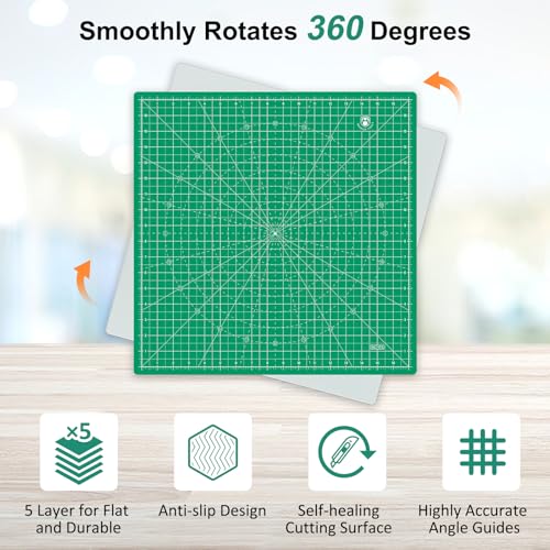 17"x17" Rotating Cutting Mat, Self Healing Mat with 360-Degree Rotation & Anti-Slip Base, Sewing Board Cutting Mat Perfect for Fabric Quilting Leather Hobby Project, Green - color: Green, size: 17"L x 17"W
