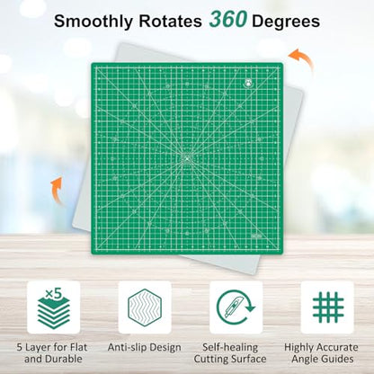 17"x17" Rotating Cutting Mat, Self Healing Mat with 360-Degree Rotation & Anti-Slip Base, Sewing Board Cutting Mat Perfect for Fabric Quilting Leather Hobby Project, Green - color: Green, size: 17"L x 17"W