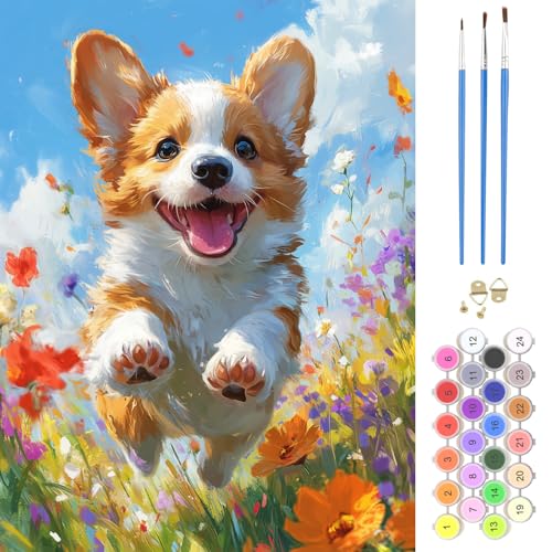 NAIMOER Dog Paint by Numbers Kits for Adults Beginner, Corgi Color by Numbers on Canvas Painting Craft Kits for Adults Without Frame, Easy Paint DIY Acrylic for Home Wall Decor 12 X16 Inch - color: Dog