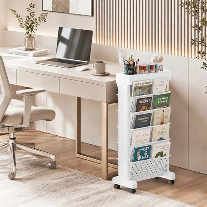6-Tier Rolling Bookshelf Magazine Rack with Wheels White - color: White, size: 6-Tier 30.5"H
