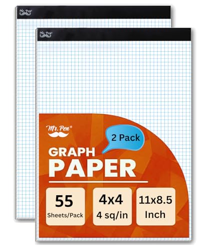 Mr. Pen- Graph Paper Pad, 8.5x11 Inches, 4x4 (4 Squares per Inch) | 2 Pack of 55 Sheets, Ideal for Math, Graphing and Sketching, Grid Paper for Students, Engineers, Artists - color: White, size: 2 Pack 11"x8.5", 4 sq/in