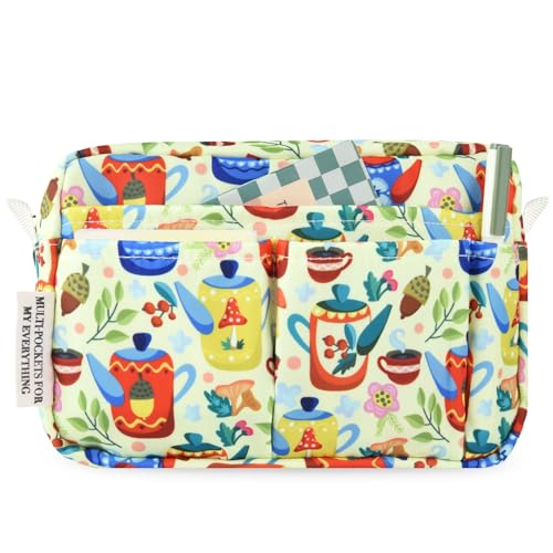 Multiple Pockets Portfolio Organizer with Zippered,Storage Pencil Pouch Bag - color: Yellow Teapot
