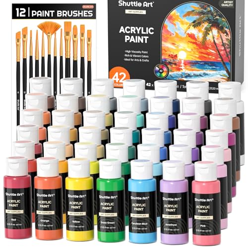 Shuttle Art Acrylic Paint, 42 Colors Acrylic Paint Set with 12 Brushes, 2oz/60ml Bottles, Rich Pigmented, Water Proof, Premium Paints for Artists, Beginners and Kids on Canvas Rocks Wood Ceramic - color: Regular, size: 2 Fl Oz (Pack of 42)