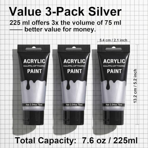 YULL 7.6 oz/225 ml Metallic Silver Acrylic Paint Tubes, Thick Opaque Waterproof Silver Acrylic Paint for Wood/Canvas/Metal/Plastic/Furniture, Non-Toxic Water-Based Washable Indoor/Outdoor Craft Paints - color: Silver (Metallic)