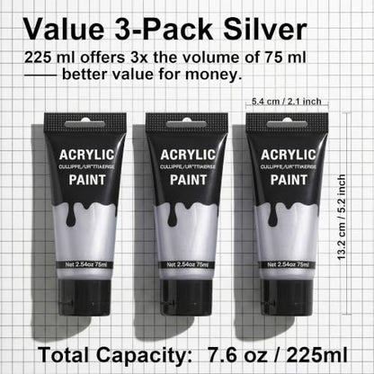 YULL 7.6 oz/225 ml Metallic Silver Acrylic Paint Tubes, Thick Opaque Waterproof Silver Acrylic Paint for Wood/Canvas/Metal/Plastic/Furniture, Non-Toxic Water-Based Washable Indoor/Outdoor Craft Paints - color: Silver (Metallic)