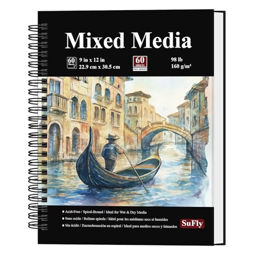 SuFly Mixed Media Sketchbook 9x12, Mixed Media Paper_98lb/160gsm, 60 Sheets | Mixed Media Pad, Thick Drawing Paper Pad, Spiral Sketch Pads for Drawing, Watercolor Paper for Art Class & Painting Supplies