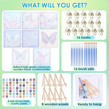 RoundFunny 8 Set Paint by Numbers Drawing Kit for Adults,Classic Flutter | 8x8 in. Mini Simple Painting Canvas Wooden Frame Easel Acrylic Paint Brush Funny Number Drawing Kit for Gift Wall Home Decor - style: Classic Flutter