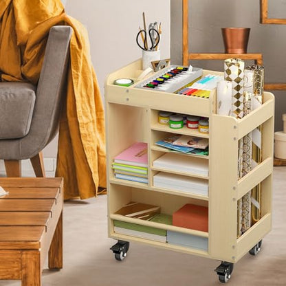Art Cart Rolling Wood, Arts and Crafts Supply Organizer with Bookshelf | Multi-Functional Art Organizer Cabinet, Diy Utility Cart Small Art Supply Storage for Classroom Kindergartens Office Bedroom