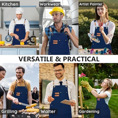 Chef Canvas Aprons with 3 Large Pockets Adjustable Strap for Men Women - color: Blue