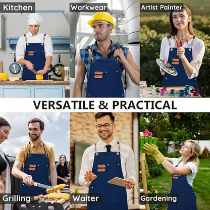 Chef Canvas Aprons with 3 Large Pockets Adjustable Strap for Men Women - color: Blue