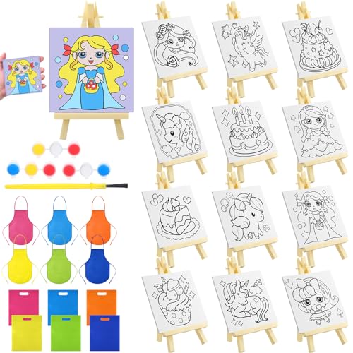 Tenceur 48 Pcs Kids Paint Party Favors Sets with 12 Pcs Unicorn Girl Cake Pre Drawn Canvas Panel and Wooden Easel Set Paint Pots and Brushes 12 Mini Apron and Tote Bag for Kids Girls Student Boys - style: Unicorn