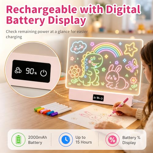 OUTON Rechargeable LED Drawing Board for Kids, 16" Glow Doodle LED Note Board with 8 Colors, 3 Light Effects, Reusable Neon Light Up Drawing Tablet Gift for Girls and Boys with Battery Display, Pink - color: Pink