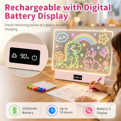 OUTON Rechargeable LED Drawing Board for Kids, 16" Glow Doodle LED Note Board with 8 Colors, 3 Light Effects, Reusable Neon Light Up Drawing Tablet Gift for Girls and Boys with Battery Display, Pink - color: Pink