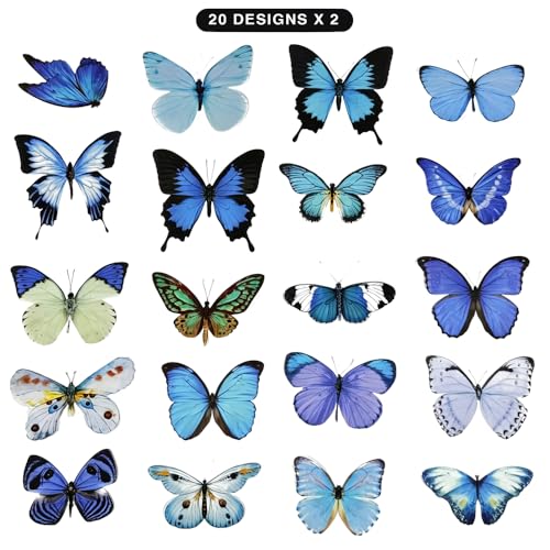 40Pcs Vintage Stickers,Waterproof Transparent PET Aesthetic Decorative Sticker Scrapbooking Supplies for Adult Card Making Letters Planner Junk Journal Water Bottles Art Craft.Blue Butterfly - color: Blue Butterfly