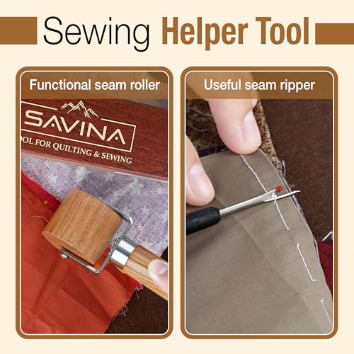 Savina Set 4 - Tailor Clapper/Seam Roller/Stiletto/Seam Rippers for Sewing - Wooden Sewing Quilting Tools - color: Tailor Clapper + Seam Roller + Stiletto + Brush