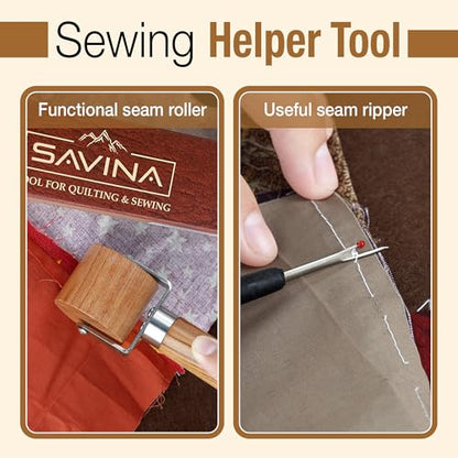 Savina Set 4 - Tailor Clapper/Seam Roller/Stiletto/Seam Rippers for Sewing - Wooden Sewing Quilting Tools - color: Tailor Clapper + Seam Roller + Stiletto + Brush