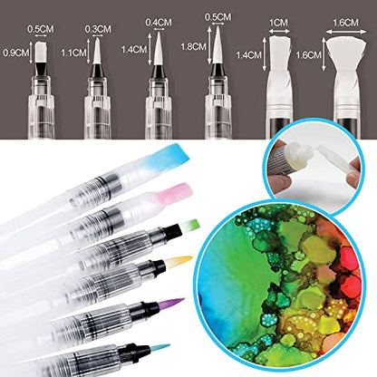 Alcohol Ink Blending Solution (4oz) and Water Brush Pen (6pk) - Watercolor Blending Brush Pens for Alcohol Ink Painting with Various Tips with Alcohol Blending Solution