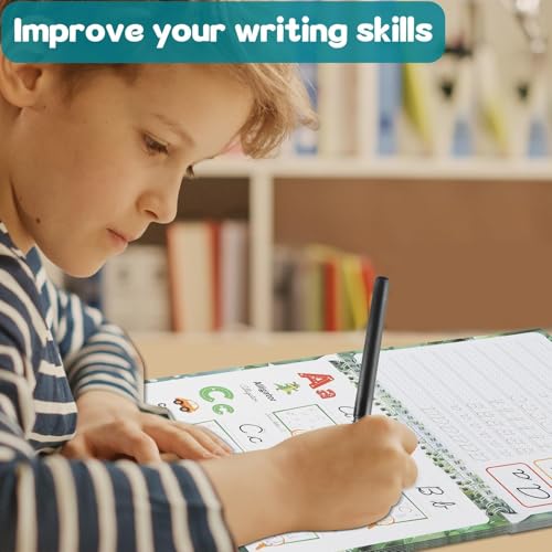gisgfim Grooved Cursive Handwriting Workbook Magic Reusable Grooved Cursive Handwriting Practice Guided Tracing with Disappearing Ink Pens for Beginners Kids Learning Activities Supplies (Letters) - style: Alphabet